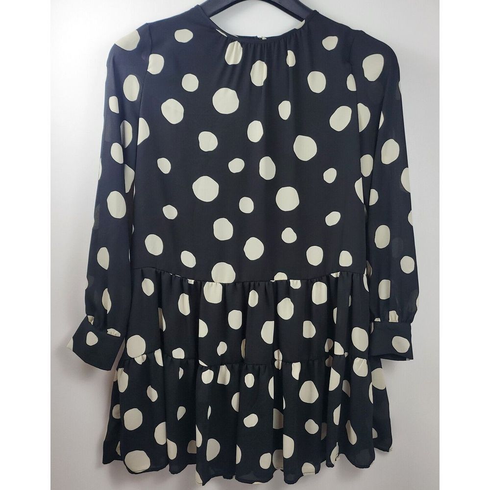 Who What Wear Womens Small Long Sleeve‎ Lined Dress Polka Dot Tiered Black Beige